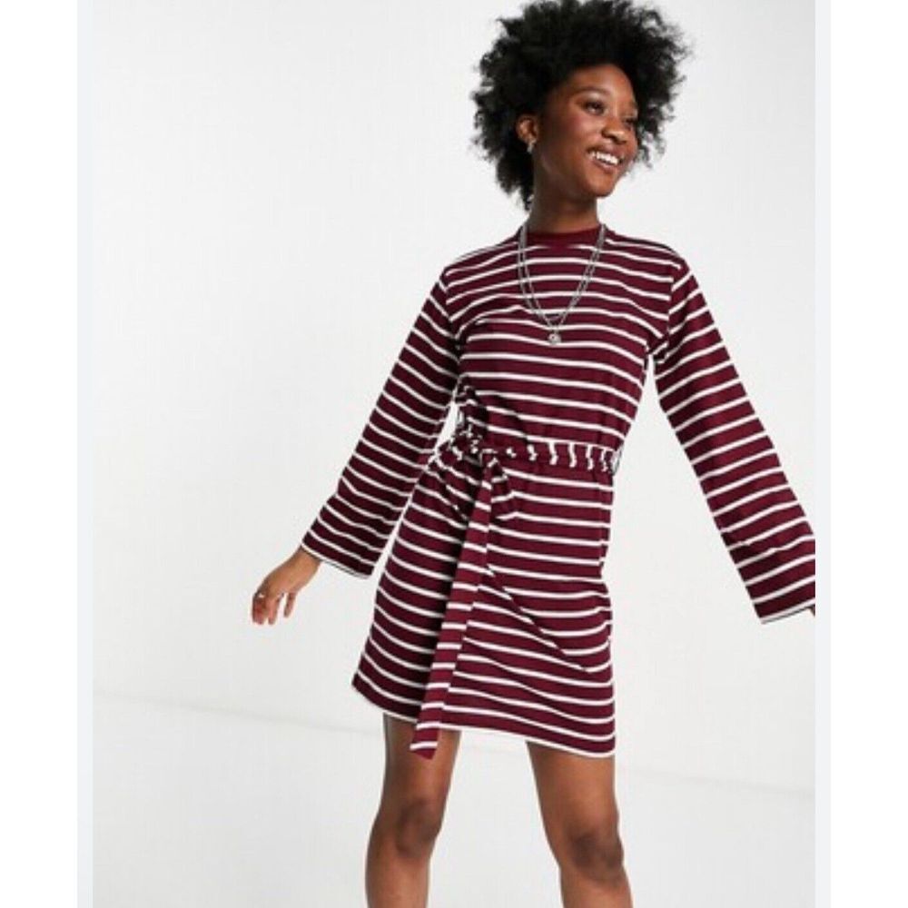 ASOS Striped Mini Dress Womens US 8 Burgundy Belted Chic Preppy Nautical Classic